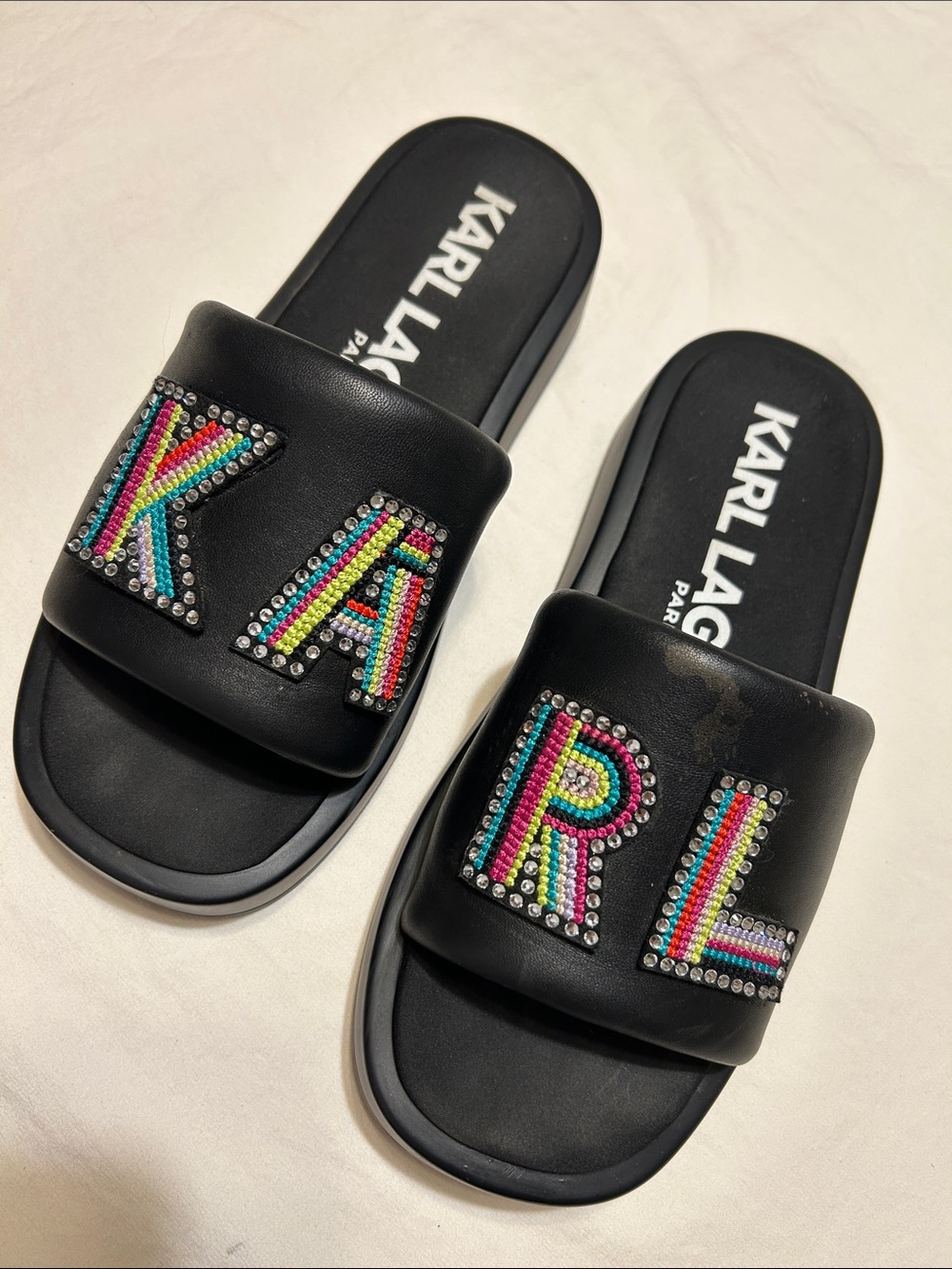 Karl Lagerfeld Black Slides with Multicolor Crystal Logo